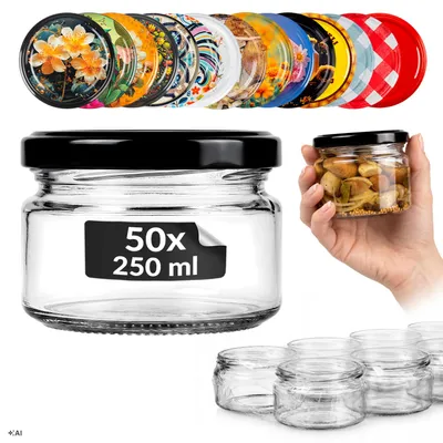 Zdjęcie produktu dla SuperButelki - 50x Słoiki szklane 250 ml z zakrętkami fi 82 mm, zestaw słoików 0,25 l wieczka, na przetwory, kiszonki, komplet 0,25l słoik + E-BOOK