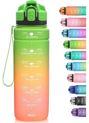 Immagine prodotto di Borraccia sportiva da 1000 ml, in Tritan, senza BPA, a prova di perdite, con indicatore del tempo, nei colori verde, arancione e rosa