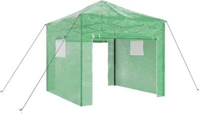 A green greenhouse with a pop-up frame.