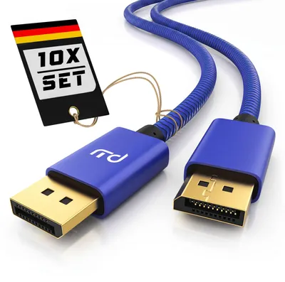 Productafbeelding van Primewire DisplayPort-kabel set, 10 stuks, 1.4, lengte 3 meter, 8K bij 60 Hz met DSC, mannelijke connector naar mannelijke connector, 32,4 Gbit/s, monitorkabel, geschikt voor gaming, blauw