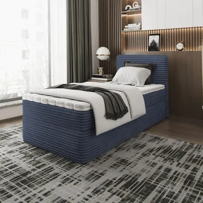 Produktbild von Bett, Boxspringbett, Continentalbett ZENO MINI mit Bonell Matratze, T25 Topper, Einzelbett mit Container, H3 80x200 cm, (Dunkelblau - Tilia 77)