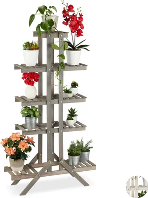Obrázek produktu pro Relaxdays Květinové schodiště, 5 stupňů, dřevo, do interiéru, volně stojící, styl shabby chic, VxŠxH: 142 x 83 x 25 cm, květinový regál, šedá