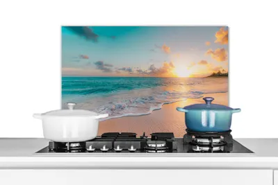 Produktbild von KitchenYeah® Spritzschutz Küche - Küchenrückwand - Wandschutz für Herd und Spüle - Sonnenuntergang - Strand - Meer - Sommer - Blau 60x40 - Alu-Dibond (Alternative zum Spritzschutz aus Glas) - Hitzebe