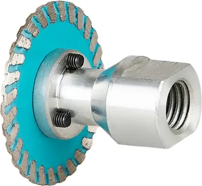 A close-up studio shot of a diamond cutting disc with a threaded adapter.