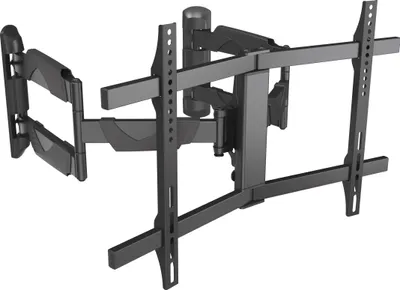 A black, articulated TV wall mount is shown against a white background.