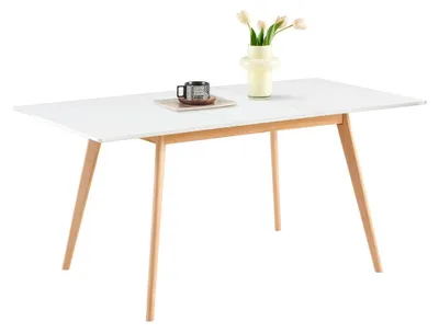 Obrázek produktu pro Rozkládací jídelní stůl, obdélníkový, bílý, rozměry 120-160 x 80 x 75 cm, skandinávský styl, materiál: MDF, povrchová úprava: buk