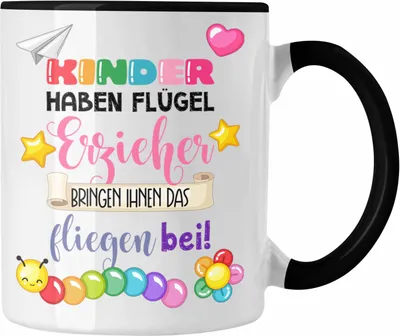 Produktbild von Trendation - Erzieherin Tasse Geschenk Danke Dankeschön Abschiedsgeschenk Beste Kindergärtnerin Spruch Kinder Haben Flügel (Schwarz)