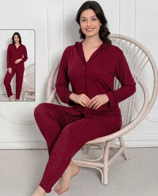 Produktbild von Damen Pyjama Schlafanzug Lang Rot L Viskose mit Knöpfen 2 Teiler Warm L-47