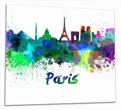 Produktbild von Wallario Herdabdeckplatte aus Glas, Größe 60 x 52 cm 2-teilig, Motiv Städte als Aquarell - Skyline von Paris