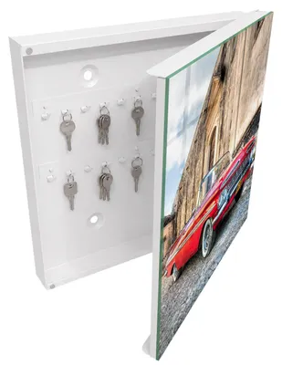 Produktbild von Weißer Schlüsselschrank aus Metall 30 x 30 cm - Schlüsselbox zur Wandmontage mit Tür - rechts öffnender Schlüsselkasten - praktische Schlüsselaufbewahrung für Zuhause - Retro-Auto, KI-generiertes Bild