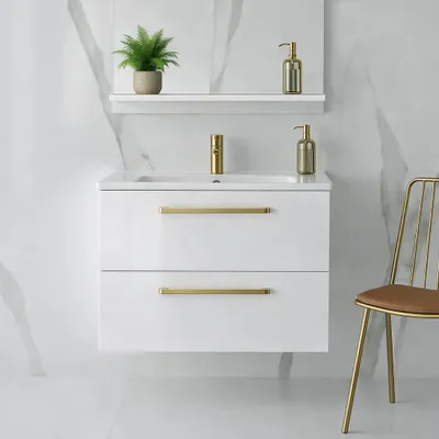 Produktbild von Waschbecken mit Unterschrank ONE mit Waschbecken 2 große Schubladen Weiß Hochglanz 80x50x46 hängend Badmöbel goldene Griffe Badezimmermöbel Badmöbel