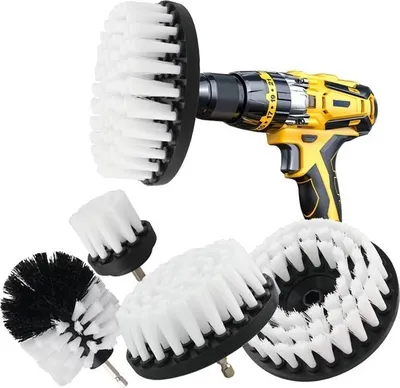 Produktbild von Bürstenaufsatz Bohrmaschine Set, 5 Stück Bürstenaufsatz Akkuschrauber Bürste Drill Brush, Leistungsstarke Bohrbürste Reinigungsbürste für Felgen/Fliesen/Küche/Böden/Auto/Badewanne,Weiß