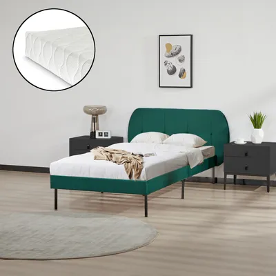 Obrázek produktu pro Čalouněná postel "Porvoo" s matrací borovice samet 90 x 200 cm tmavě zelená
