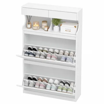 Produktbild von Schuhschrank Schuhkipper Schmal, Weiß, 80B cm | Verstellbar, Schuhkommode für Eingang, Flur, Garderobe, 16 Paar, 2 Klappen