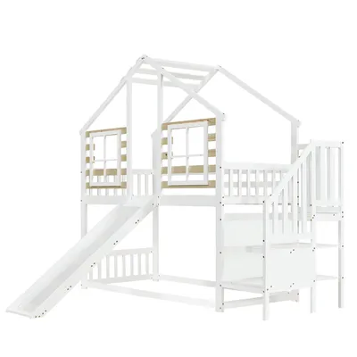 Produktbild von Flieks Etagenbett 90x200cm mit Rausfallschutz, Kinderbett mit Rutsche, Hochbett mit Treppe und Lattenrost, Hausbett Stockbett, Weiß