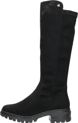 A studio shot of a single black boot.