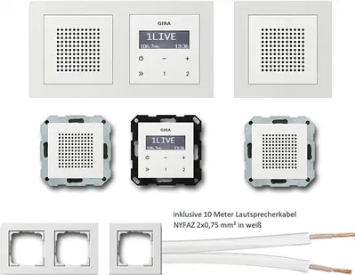 Produktbild von GIRA Unterputz UP RDS Radio 228403 Komplett-Set reinweiß glänzend mit 2 x Lautsprecher in 1 und 2 fach Rahmen (E2) + 10 Meter Lautsprecherkabel 2x0,75 mm² weiß 100% OFC