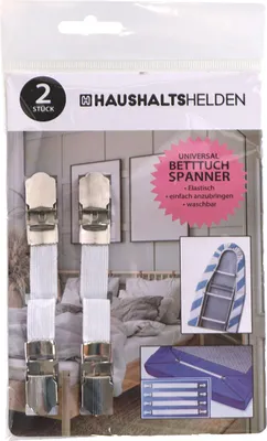 The image shows the packaging of a set of bed sheet fasteners, with a background image of a bedroom.