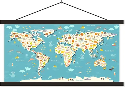 Produktbild von MuchoWow® Textilposter Weltkarte Kinder - Blau - Tiere 90x45 cm mit schwarzem Rahmen - Klemmleisten