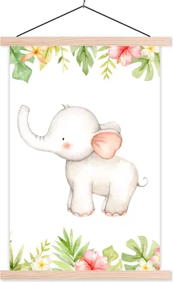 Produktbild von MuchoWow® Textilposter Elefant - Blumen - Aquarell 60x90 cm mit holzfarbenen Rahmen - Textil
