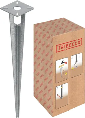 Image de Piquet TRIBECCO pour lampes de jardin – 100 x 100 mm, hauteur 503 mm – avec passage de câble – acier plat galvanisé à chaud – ancrage au sol pour éclairage de jardin