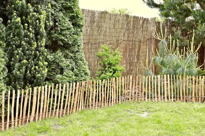 Produktbild von Staketenzaun mit Pfosten aus Haselnuss Höhe 35 cm Länge 500 cm imprägnierter Zaun mit gut gespaltenen Stäben und sicheren Spitzen zur Einzäunung und Abgrenzung von Beeten Lattenabstand: 3-4 cm