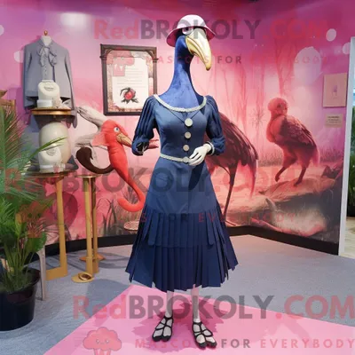 Produktbild von Maskottchenfigur REDBROKOLY eines marineblauen Flamingos mit Empire-Kleid und Kummerbund