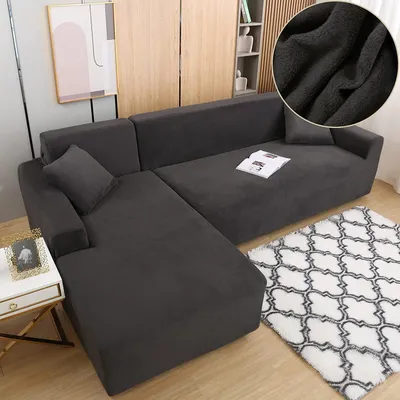 Obrázek produktu pro Pohovka ve tvaru písmene L slipcovers, Stretch tlustý plyšový rohový kryt pohovky s 2 polštářovými kryty pro 3 sedadla + 3 sedadla typu L pohovka, tmavě šedá