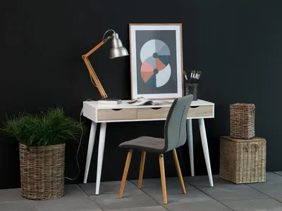 Zdjęcie produktu dla Schreibtisch >Neil I< in Weiß Eiche - 110x77,1x50cm (BxHxT)