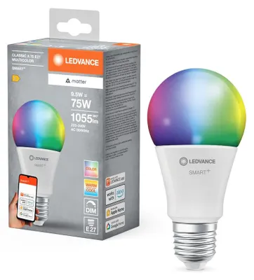 Produktbild von LEDVANCE SMART+ MATTER Classic, 9,5 W, 0,5 W, E27, 1055 lm, 20000 h, Multi, Weiß
