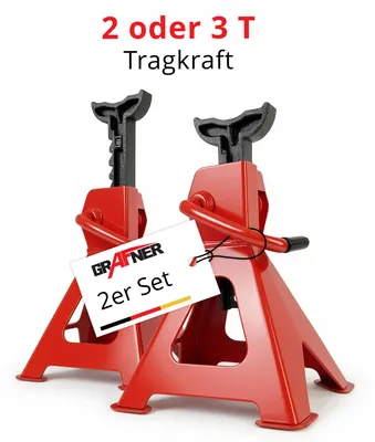 Produktbild von Grafner 2 Stück Unterstellböcke, 2 Tonnen Traglast, Hubhöhe 263 – 417 mm, höhenverstellbar, Ratschenmechanismus, massive Ausführung Kfz PKW 2er Set Unterstellbock Paar Auto SUV 2000 kg 2t Wagenheber
