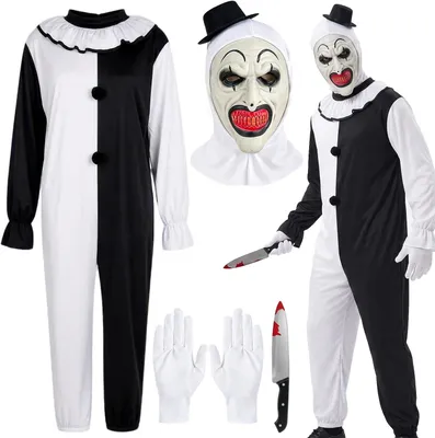 Imagen del producto de Traje de payaso: mono blanco y , gorro de payaso, máscara, guantes. Ideal para Halloween o fiestas de terror