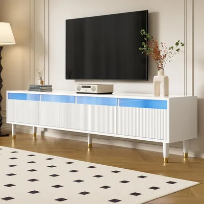 Obrázok produktu pre Merax TV skrinka 178 cm so 4 zásuvkami, TV doska z MDF a akrylu, obývacia skrinka s káblovým kanálom a robustnými drevenými nožičkami, moderná biela