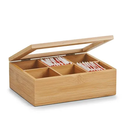 Zdjęcie produktu dla ZELLER 25360 Pudełko na torebki herbaty z 6 przegródkami, bambus/akryl, 21 x 16 x 7,5 cm