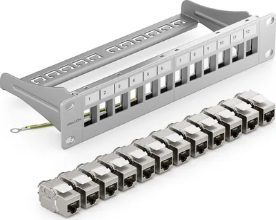 Produktbild von deleyCON 12 Port CAT7 Patchpanel SET Patchfeld Verteilerfeld Modular 1 HE 10" Zoll Rackeinbau + 12x CAT 7 Keystone Module RJ45 LAN Netzwerk 10 Gbit/s 600 MHz Verlegekabel Grau