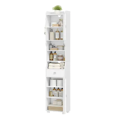 Produktbild von Badezimmerschrank Schmal Hoch, Badschrank mit 1 Schublade | Hochschrank Badezimmer, mit 2 Türen und Verstellbaren Ablagen Offenen Fach Platzsparender