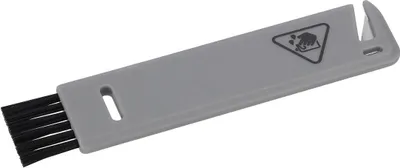 A gray cleaning tool with black bristles is shown against a white background.