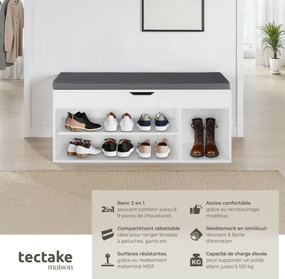 Image de Banc à chaussures NATALYA avec coussin d'assise 104x30x49cm - blanc