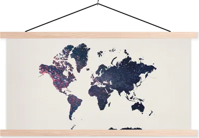 Produktbild von MuchoWow® Textilposter Weltkarte - Sterne - Weltraum 120x60 cm mit holzfarbenen Rahmen - Klemmleiste