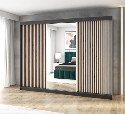 Produktbild von Schwebetürenschrank FARA 3-türig Schrank 200 cm Kleiderschrank mit 4 Schubladen, und 3D-Lamellen. Farbe: Schwarz / Weiß / Weiß