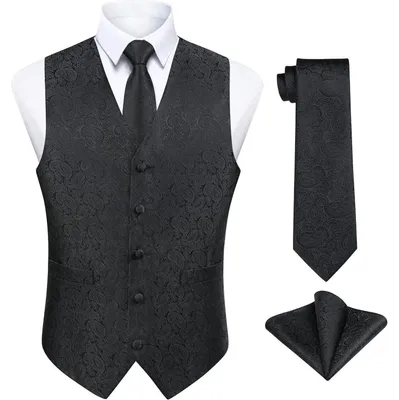Productafbeelding van Herenset: Vest, das, zakdoek, jacquard, paisley, bloemenprint, zwart, maat 3XL, 100% zijde