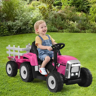 Produktbild von GOPLUS Elektrofahrzeuge mit Anhänger, 3-Gang Elektroauto Traktor mit Fernbedienung, LED-Licht & Musik & Bluetooth, für Kinder ab 3 Jahren, bis 30 kg (Rosa)