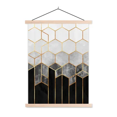 Produktbild von MuchoWow® Textilposter Gold - Sechseck - Chic - Muster - Luxus 60x80 cm mit holzfarbenen Rahmen - Wandbild