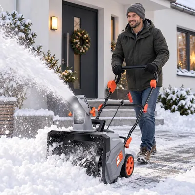 Produktbild von 1400W Akku-Schneefräse mit 2×4Ah Akkus Bürstenlos 46cm Räumbreite, 27cm Schneehöhe, 7m Wurfweite Elektro Schneeschieber Schneeschaufel Schneeschleuder
