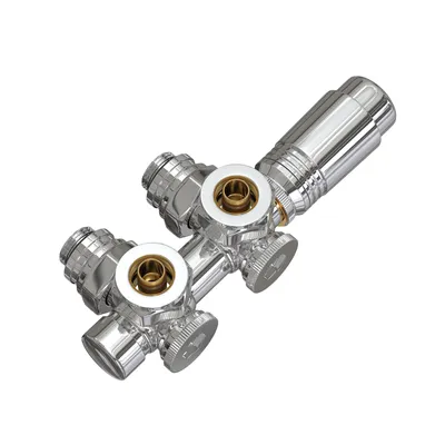 Obrázek produktu pro EMKE radiátorový termostat Multibloková připojovací sada s termostatem pro rohová a rovná otopná tělesa φ16xG1/2" a φ15xG1/2" chrom