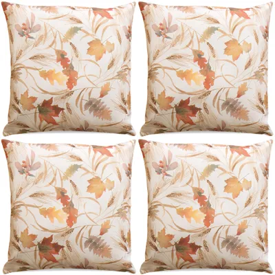 Productafbeelding van Set van 4 kussenslopen, 40x40 cm, met een vintage herfstmotief van bladeren, ideaal als herfstdecoratie