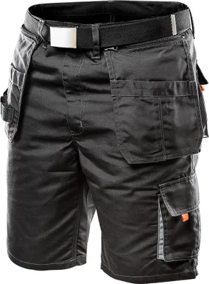 A close-up studio shot of black work shorts with multiple pockets and a belt.