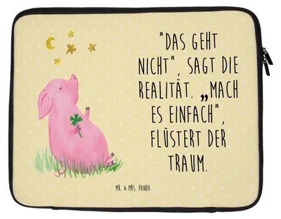 Produktbild von Mr. & Mrs. Panda Laptop Tasche Schwein Glück 33 x 42 cm - Gelb Pastell - Geschenk, Glücksbringer, Ziele, Lustige Sprüche, Schutzhülle, Träume, Hülle, Sleeve, Motivation