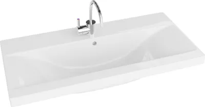 A white ceramic sink with a chrome faucet against a white background.