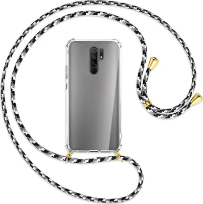Produktbild von Handykette Backcover-Schutzhülle mit Band (Metall goldfarben) für Xiaomi Redmi 9 - schwarz/grau/weiß
